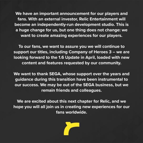 被世嘉出售的Relic表示将继续支持对已发售游戏的更新